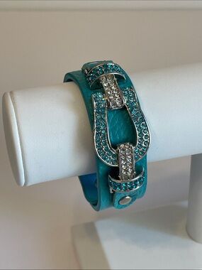 Vintage Sigal Turquoise Faux Leather Bracelet w/ Rhinestone Accented Horseshoe